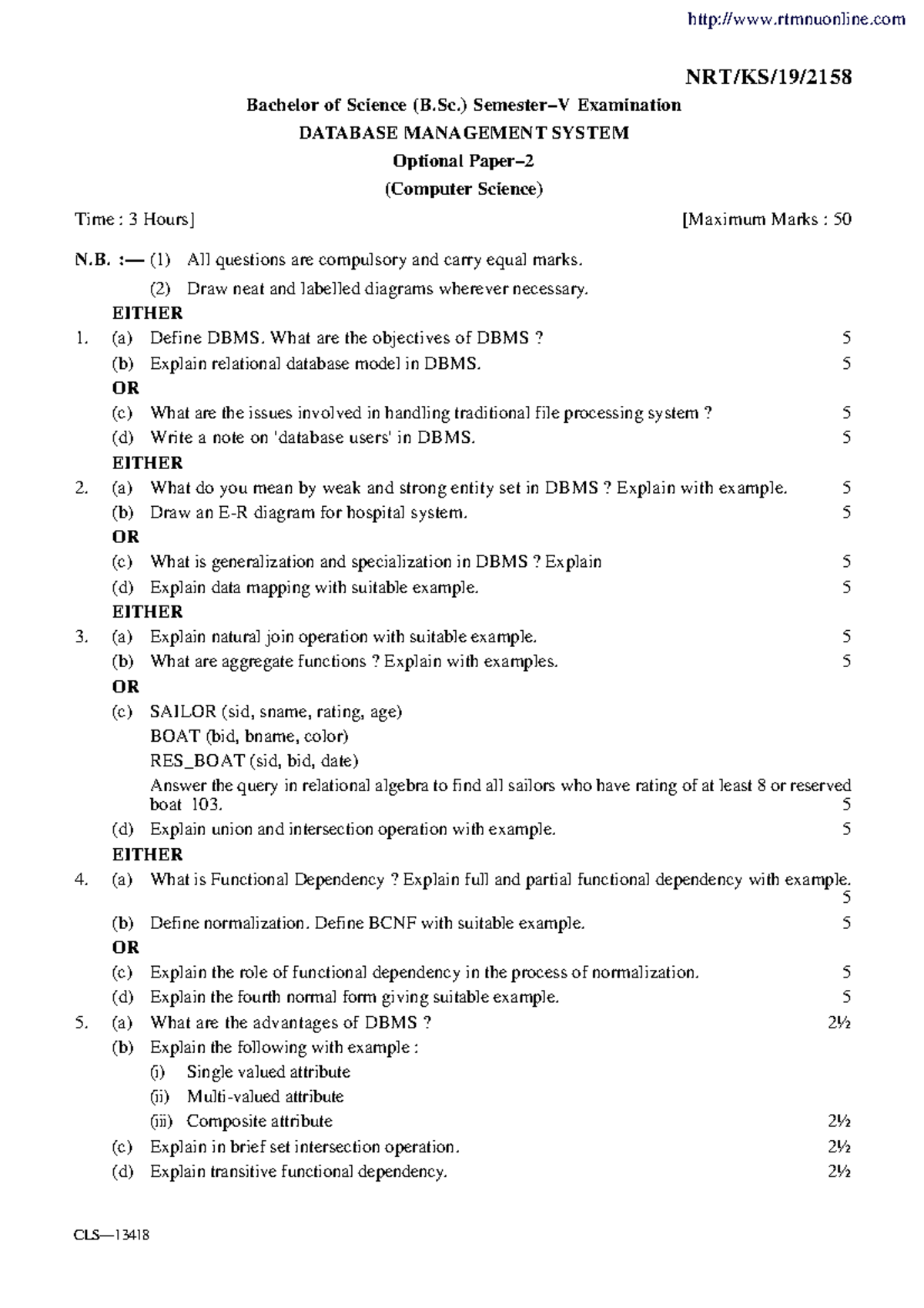 Bsc 5 sem computer science database management system 2158 summer 2019 ...