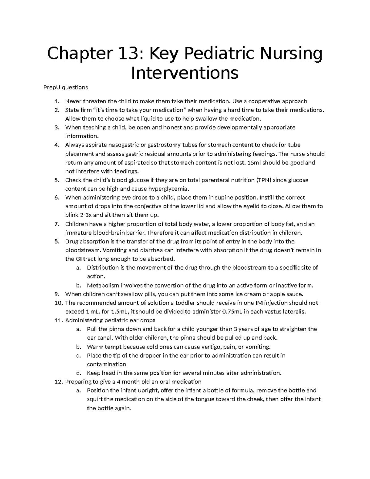 pediatric interventions Chapter 13 Key Pediatric Nursing