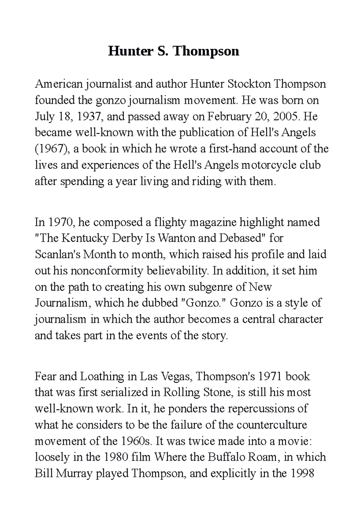 Hunter S. Thompson - vasanti - Hunter S. Thompson American journalist ...