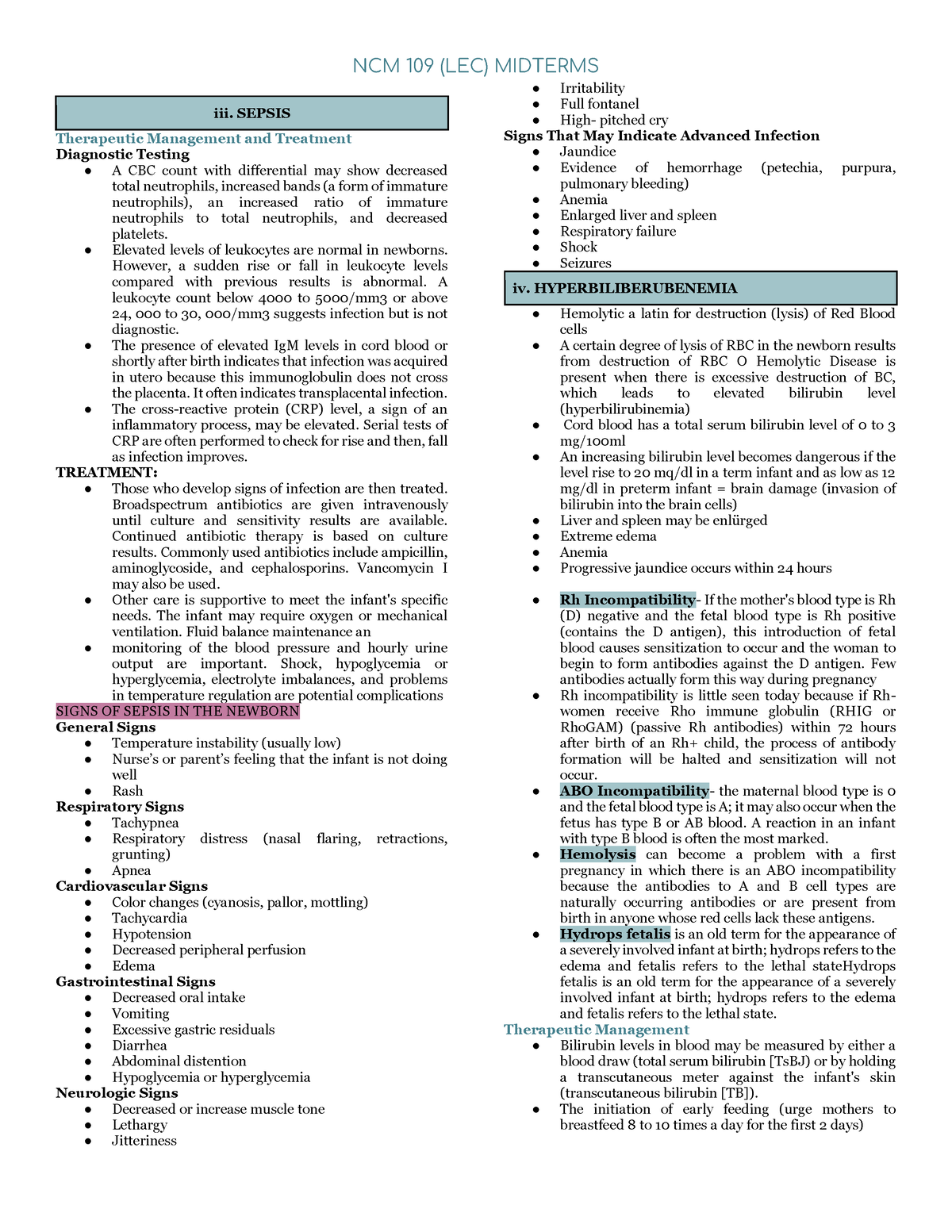 Ncm 109 Lec Midterms Final - iii. SEPSIS Therapeutic Management and ...