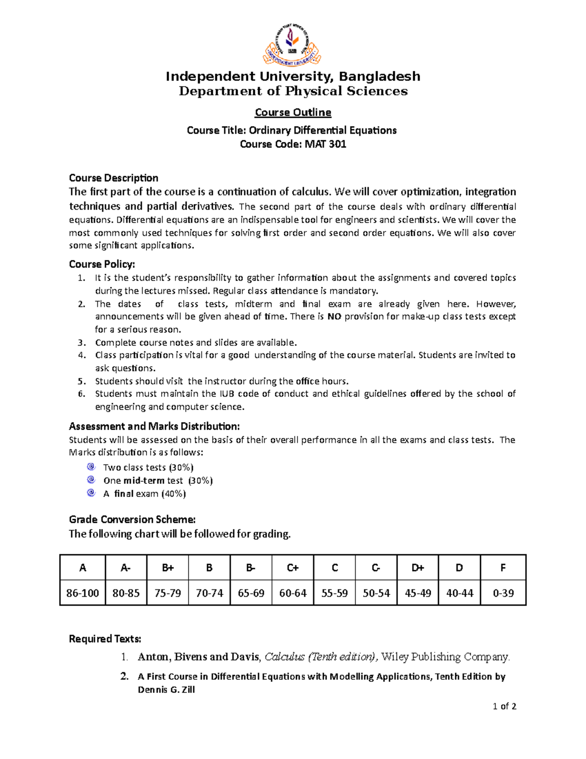 Course Outline MAT301 - Independent University, Bangladesh Department ...