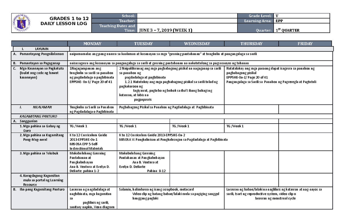 DLL EPP 5 Q1 W1 - EDUCATION EDUCATION - GRADES 1 to 12 DAILY LESSON LOG ...