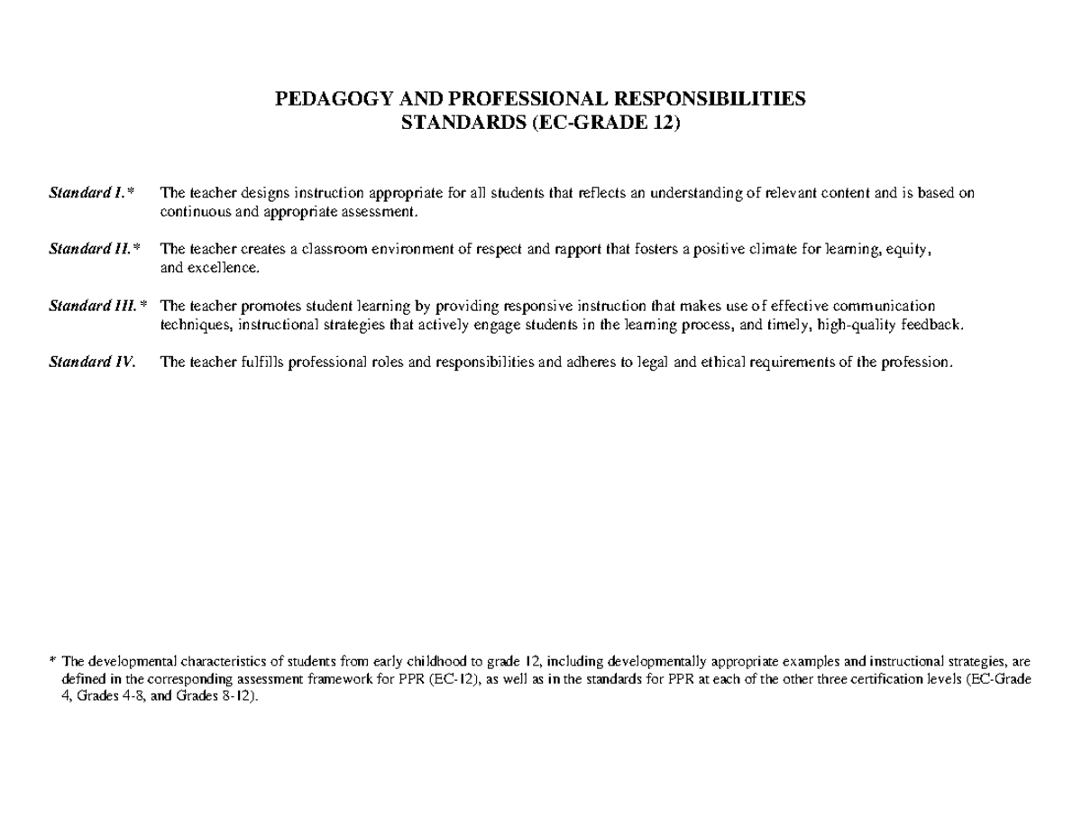 PPr EC12 Standards Lecture notes 1 PEDAGOGY AND PROFESSIONAL