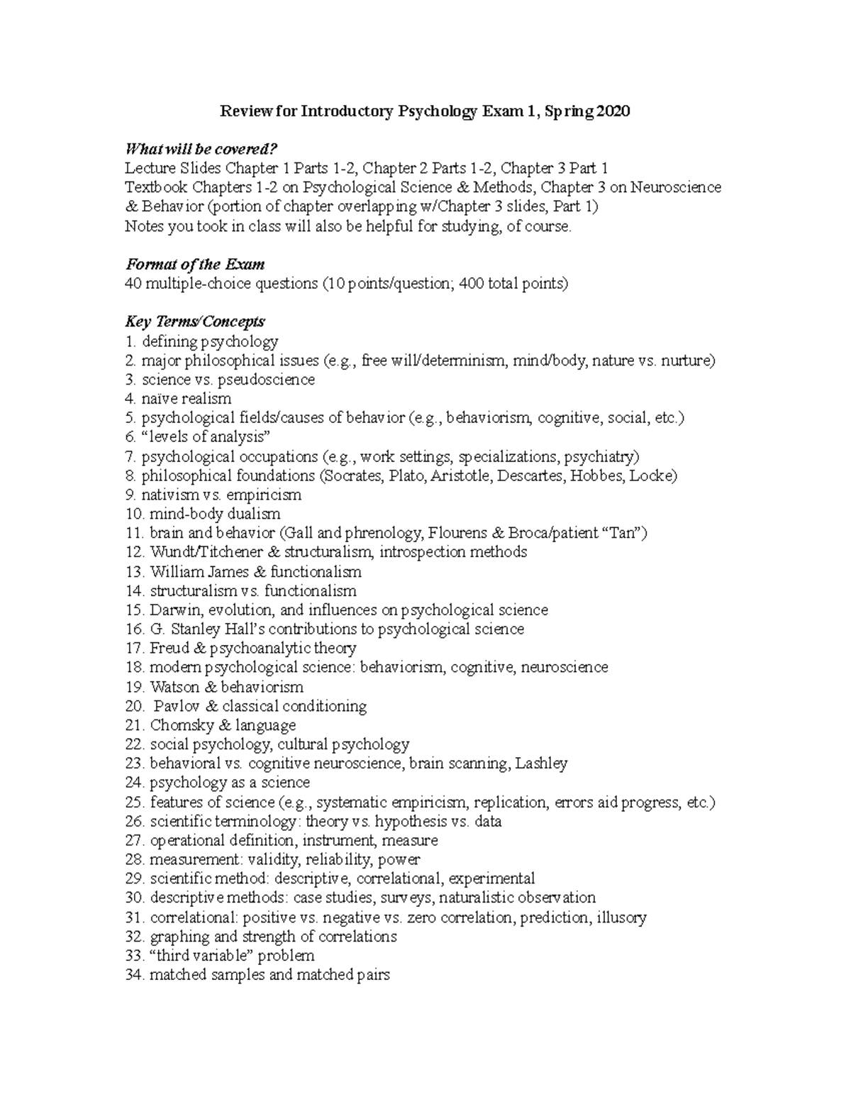 Review for Intro Exam 1 Spring 2020 - Review for Introductory ...