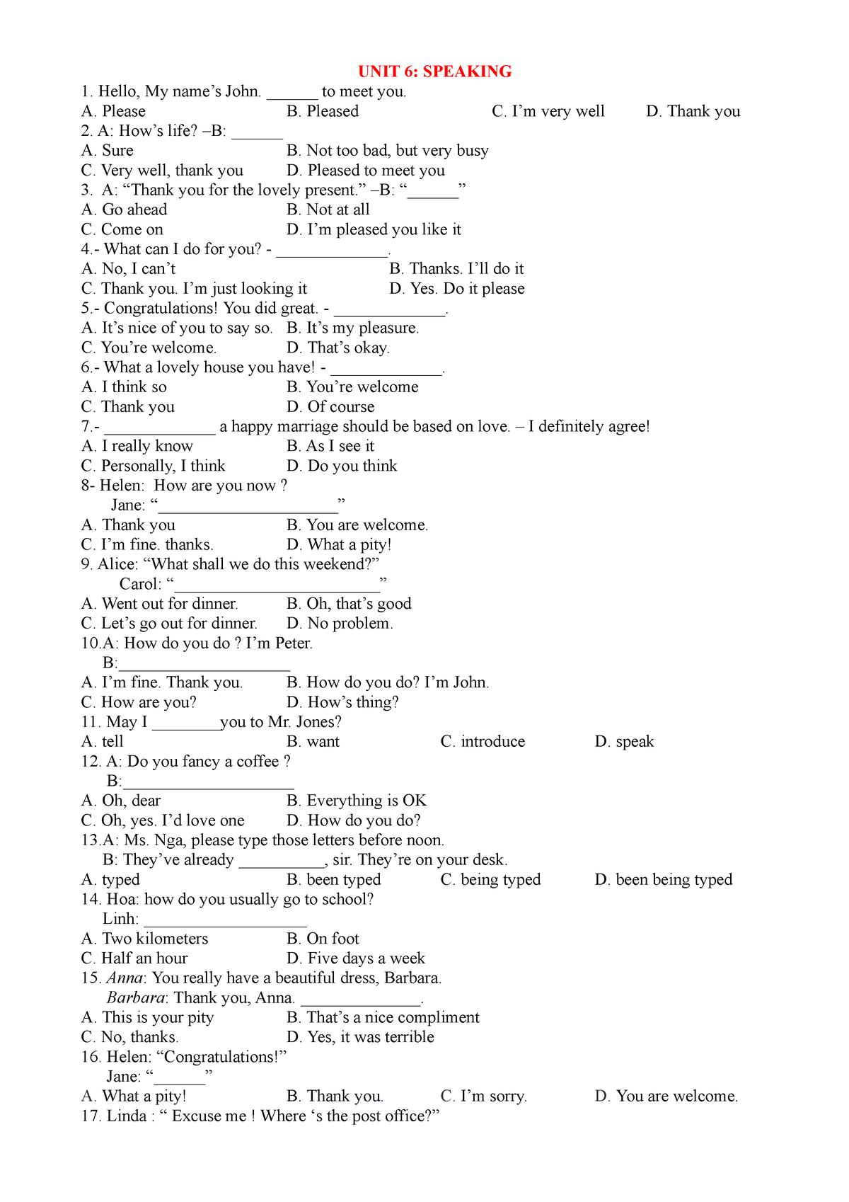 Chuyen de 6 Speaking - UNIT 6: SPEAKING Hello, My name’s John ...