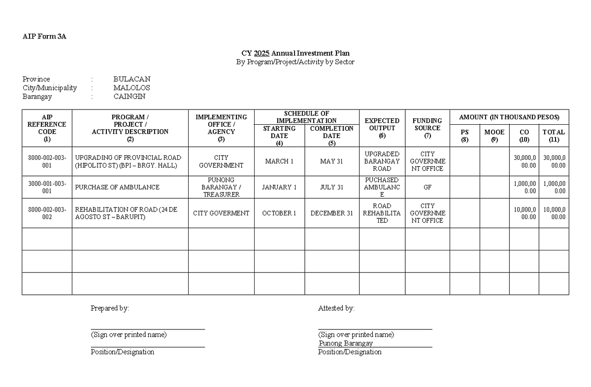 AIP Form FOR 3 Biggest Prject OF Barangay - Punong Barangay AIP Form 3A ...