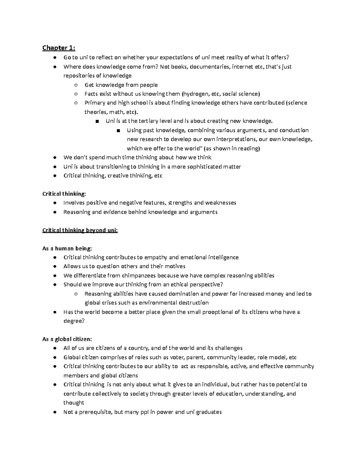 Chapter 1 and 2 Notes - Chapter 1: Go to uni to reflect on whether your ...