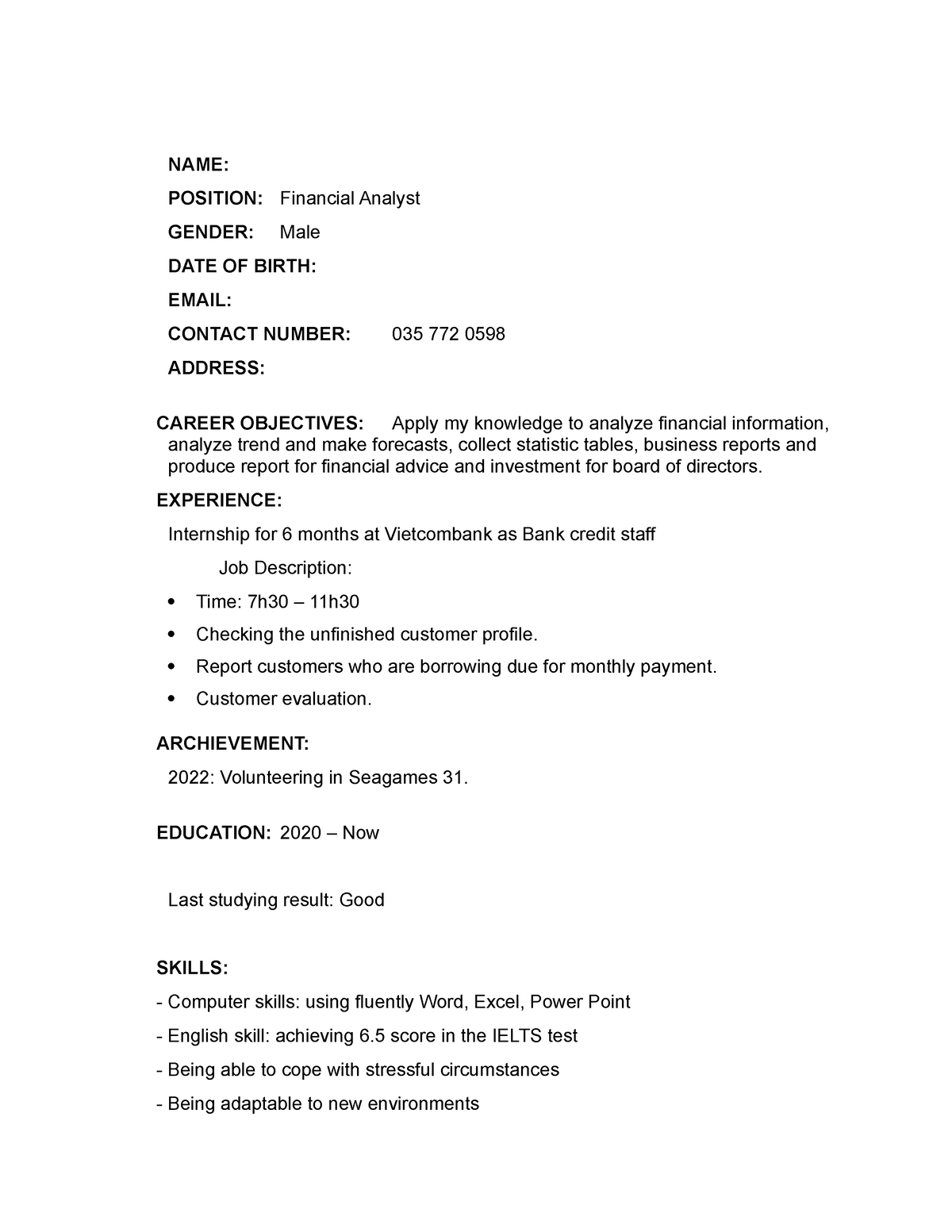 Sample Cv For Job Application Pdf Uganda