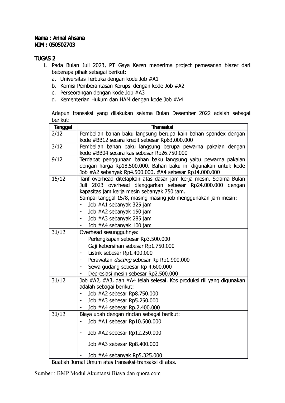 Tugas 2 Akuntansi Biaya Arinal - Nama : Arinal Ahsana NIM : 050502703 ...