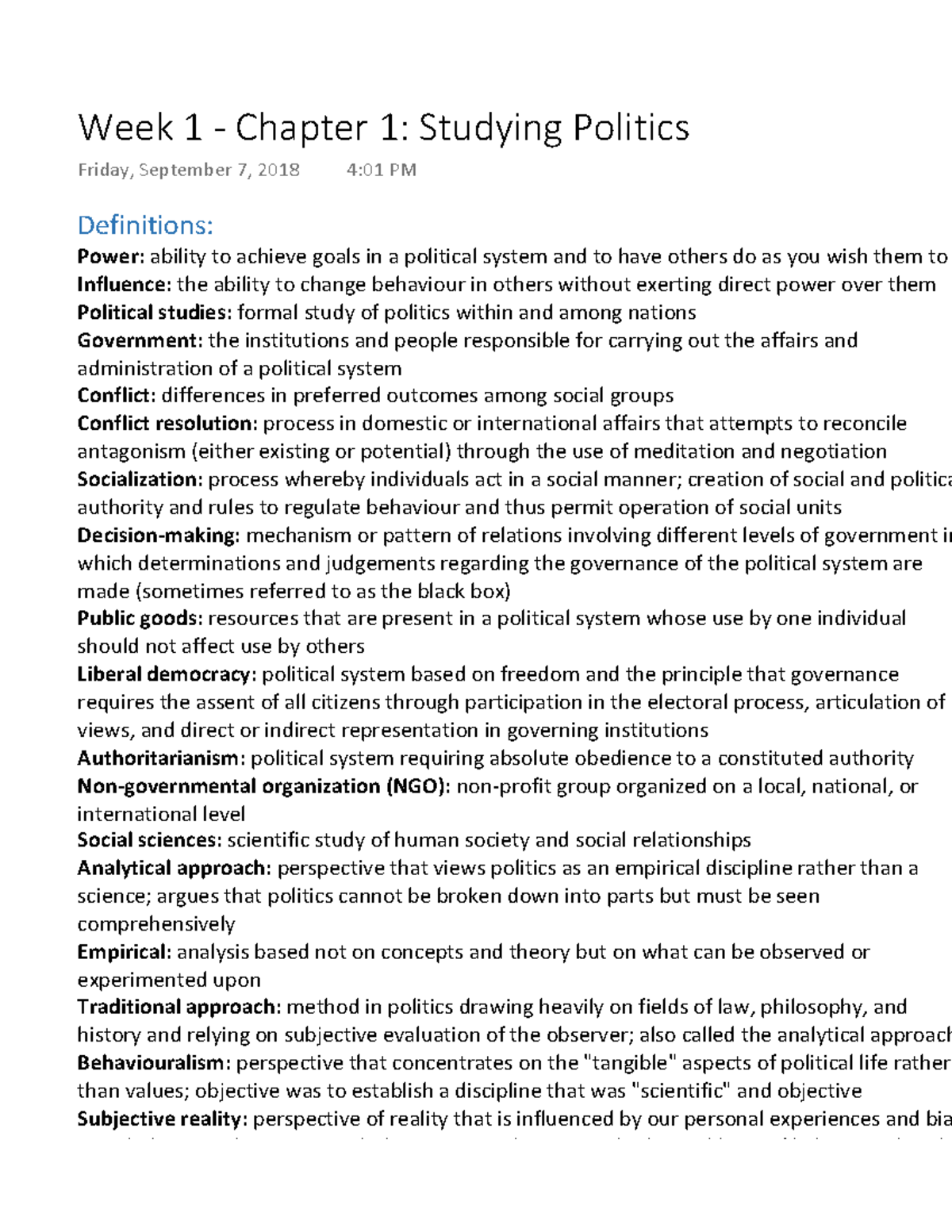 Week 1 - Chapter 1 Studying Politics - AHSS2250 - Studocu