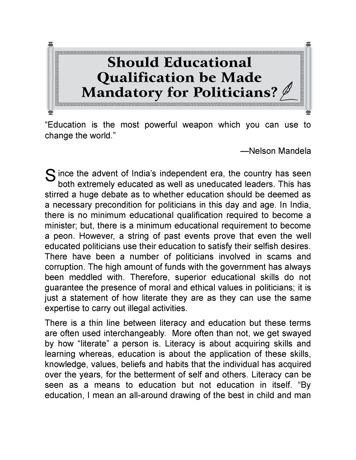 essay on should politicians be educated