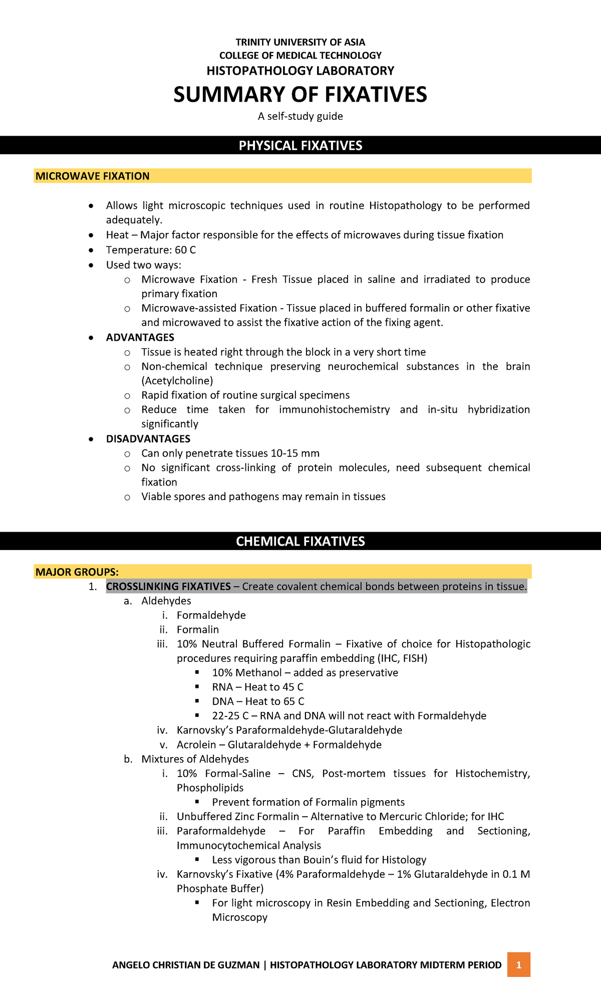 001 Fixation COLLEGE OF MEDICAL TECHNOLOGY HISTOPATHOLOGY