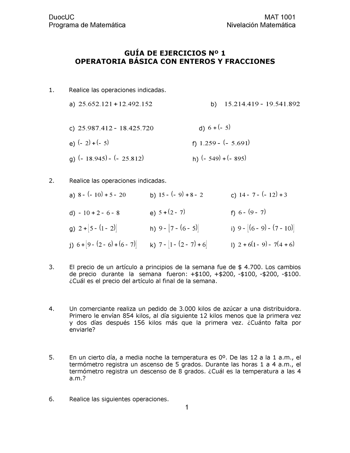 Guia De Ejercicios Operatoria Con Fracciones Programa De Matemática Nivelación Matemática 9943