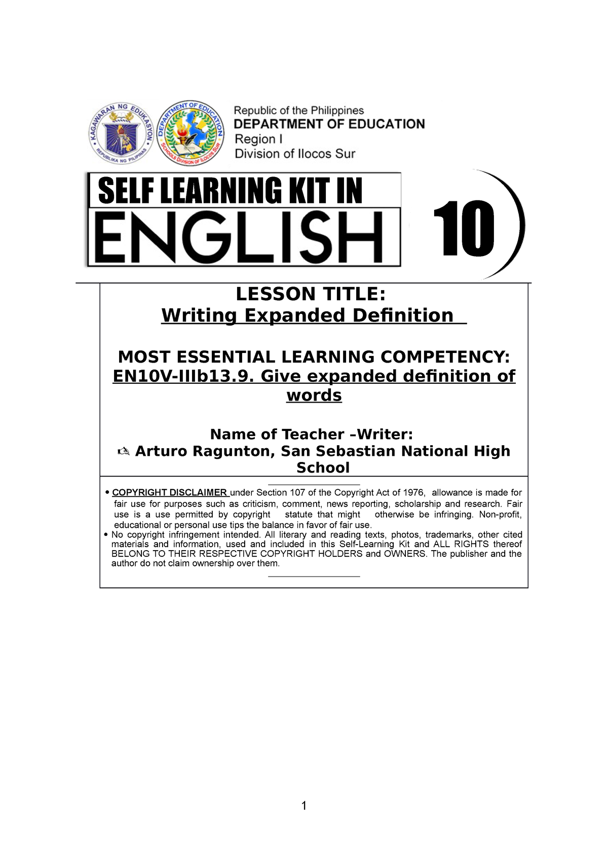 3 SLK English Fourth Quarter Writing Extended Definitions LESSON