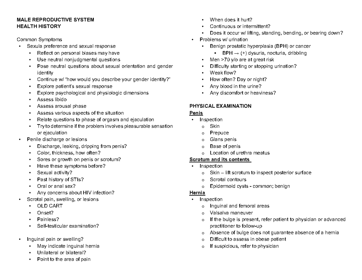 MALE Reproductive System - MALE REPRODUCTIVE SYSTEM HEALTH HISTORY ...