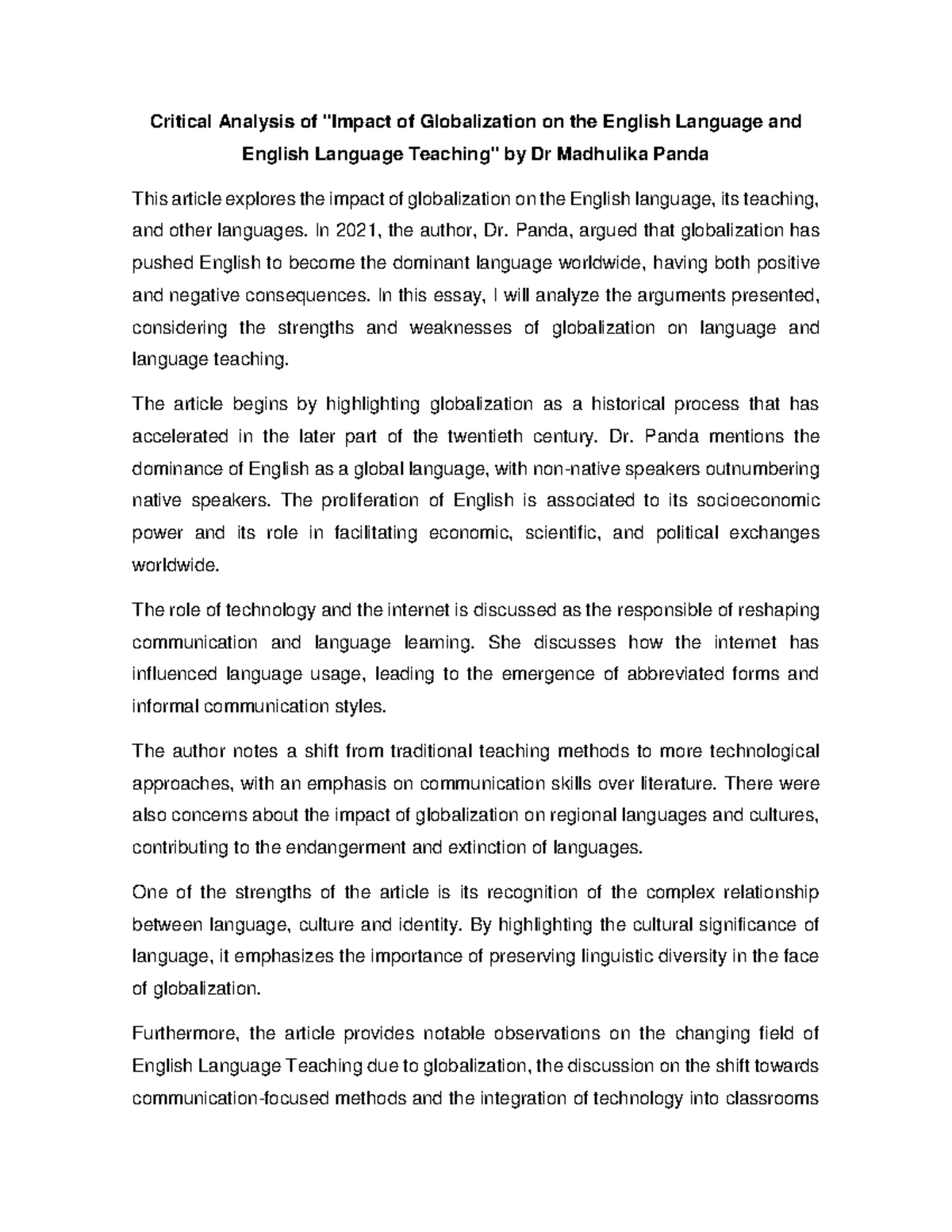 Essay Critical Analysis of Impact of Globalization on the English ...