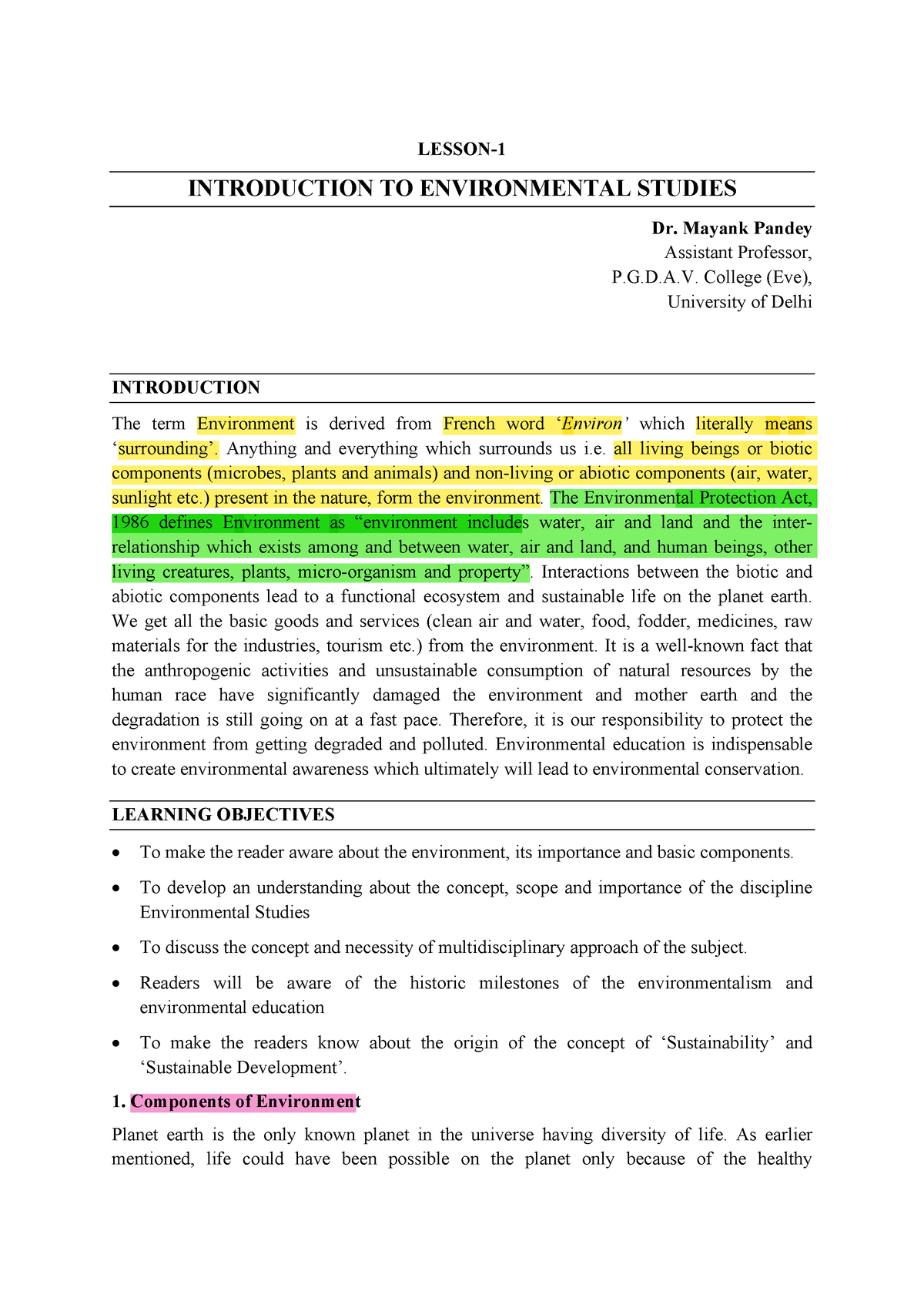 Chapter 1 Introduction TO Environment - LESSON- INTRODUCTION TO ...