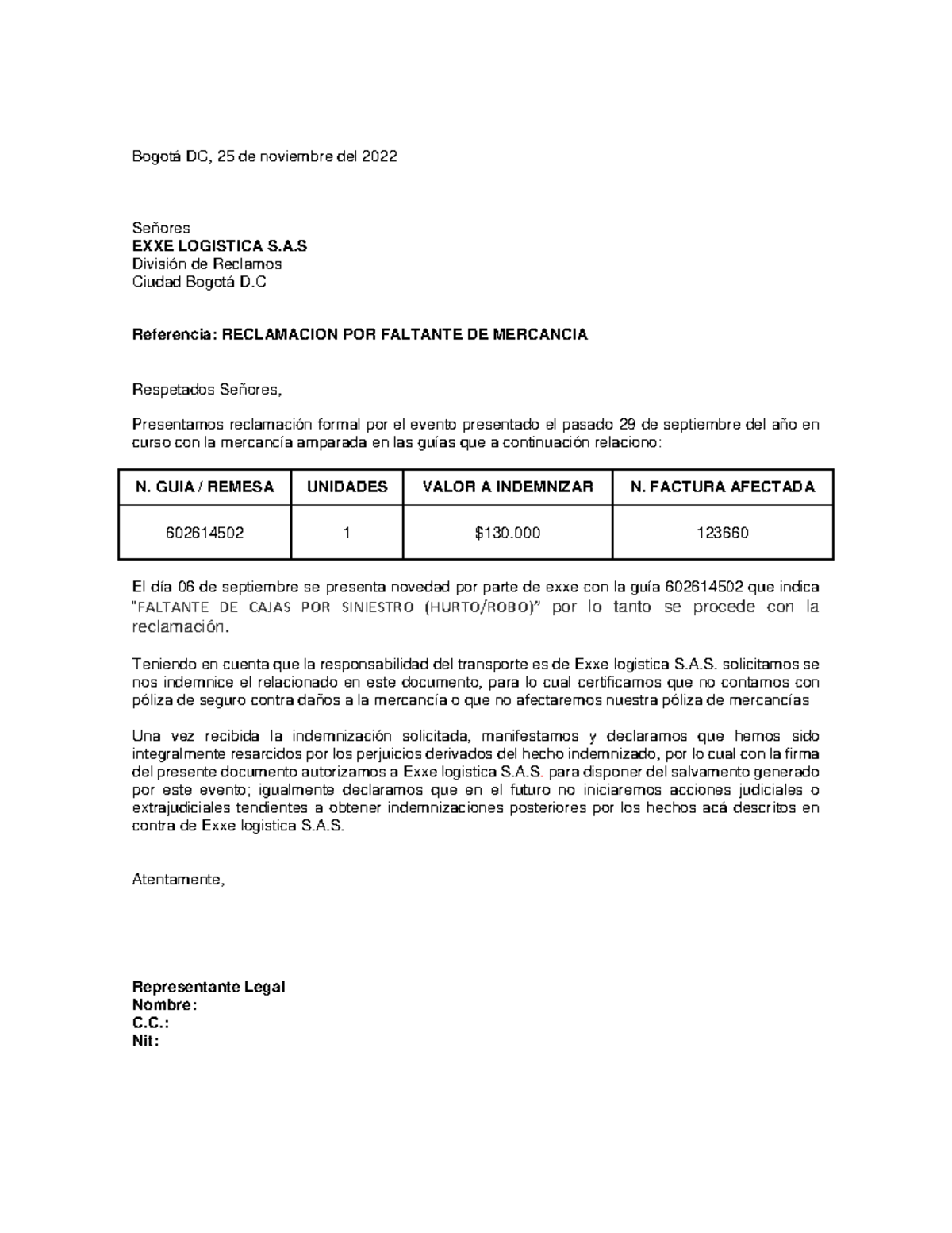 Reclamacion 123660 Bogot DC 25 De Noviembre Del 2022 Se ores EXXE