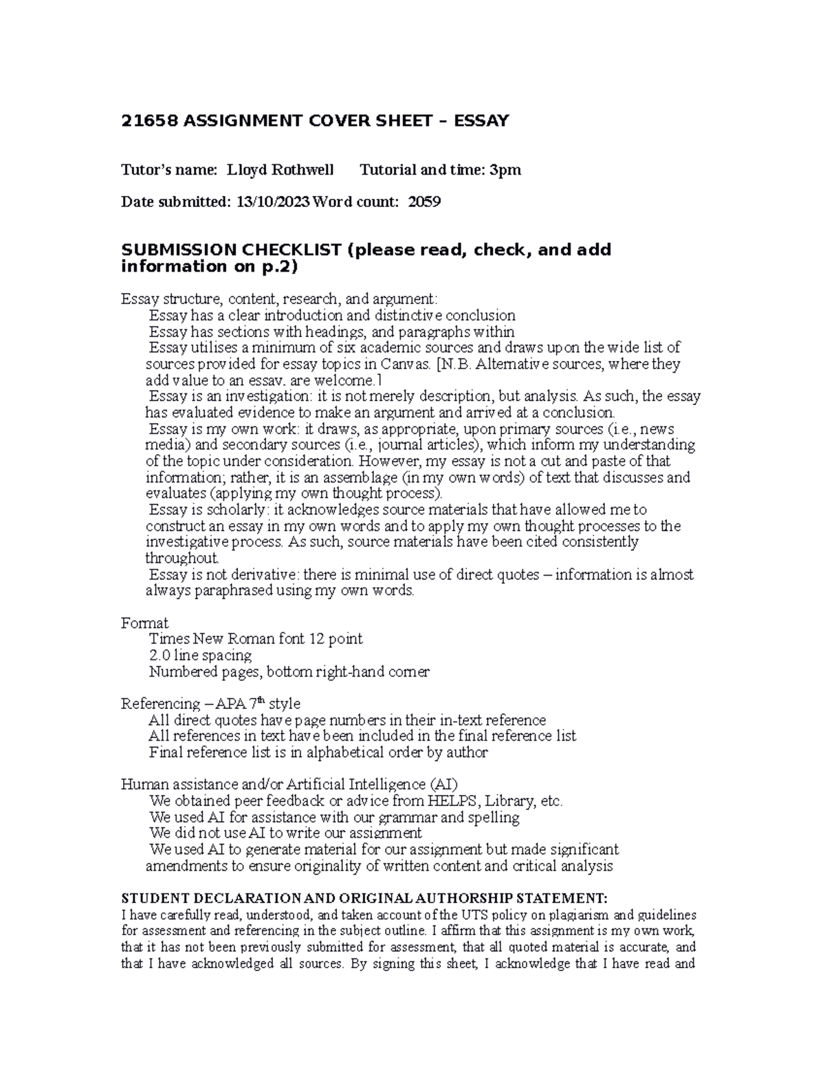 Essay Cover Sheet 21658 21658 ASSIGNMENT COVER SHEET ESSAY Tutor