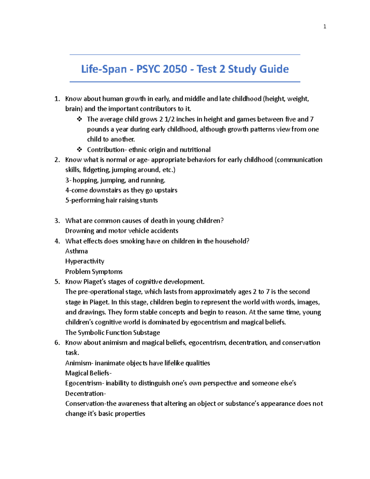 PSYC 2050 Test 2 Study Guide 2022-23 - 1 Life-Span - PSYC 2050 - Test 2 ...