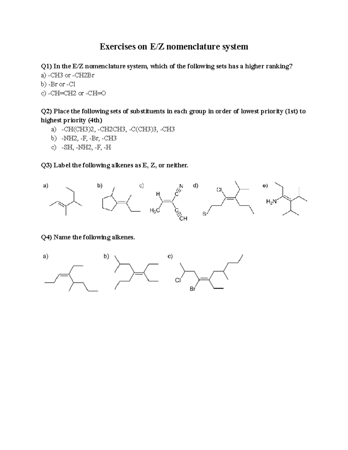 Exercises on E Z nomenclature system Questions Only1 Exercises on
