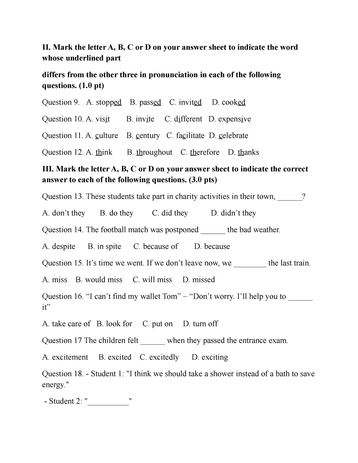 ĐỀ B - GưbgEGwgwegewg - II. Mark The Letter A, B, C Or D On Your Answer ...