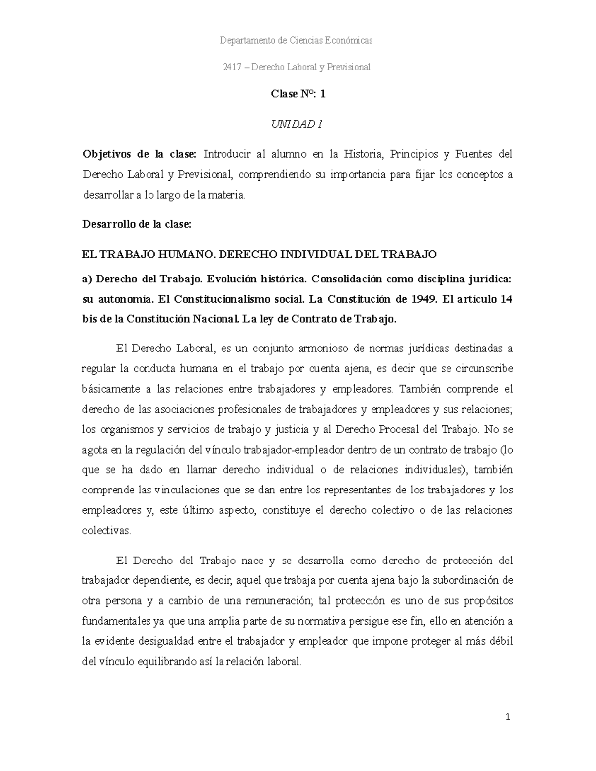 Clase 1 - Apuntes 1 - 2417 – Derecho Laboral y Previsional Clase N°: 1 ...