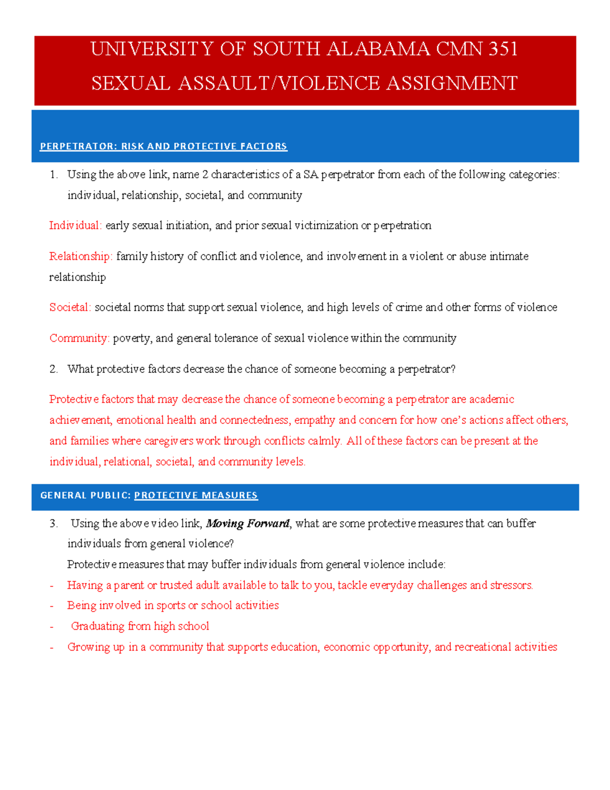 CMN 351 Sexual Assault Assignment - UNIVERSITY OF SOUTH ALABAMA CMN 351 ...