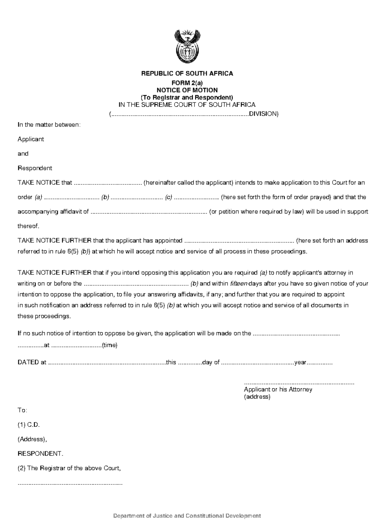 Notice of Motion for Court Registrar and the Respondent - FDSL5112 ...