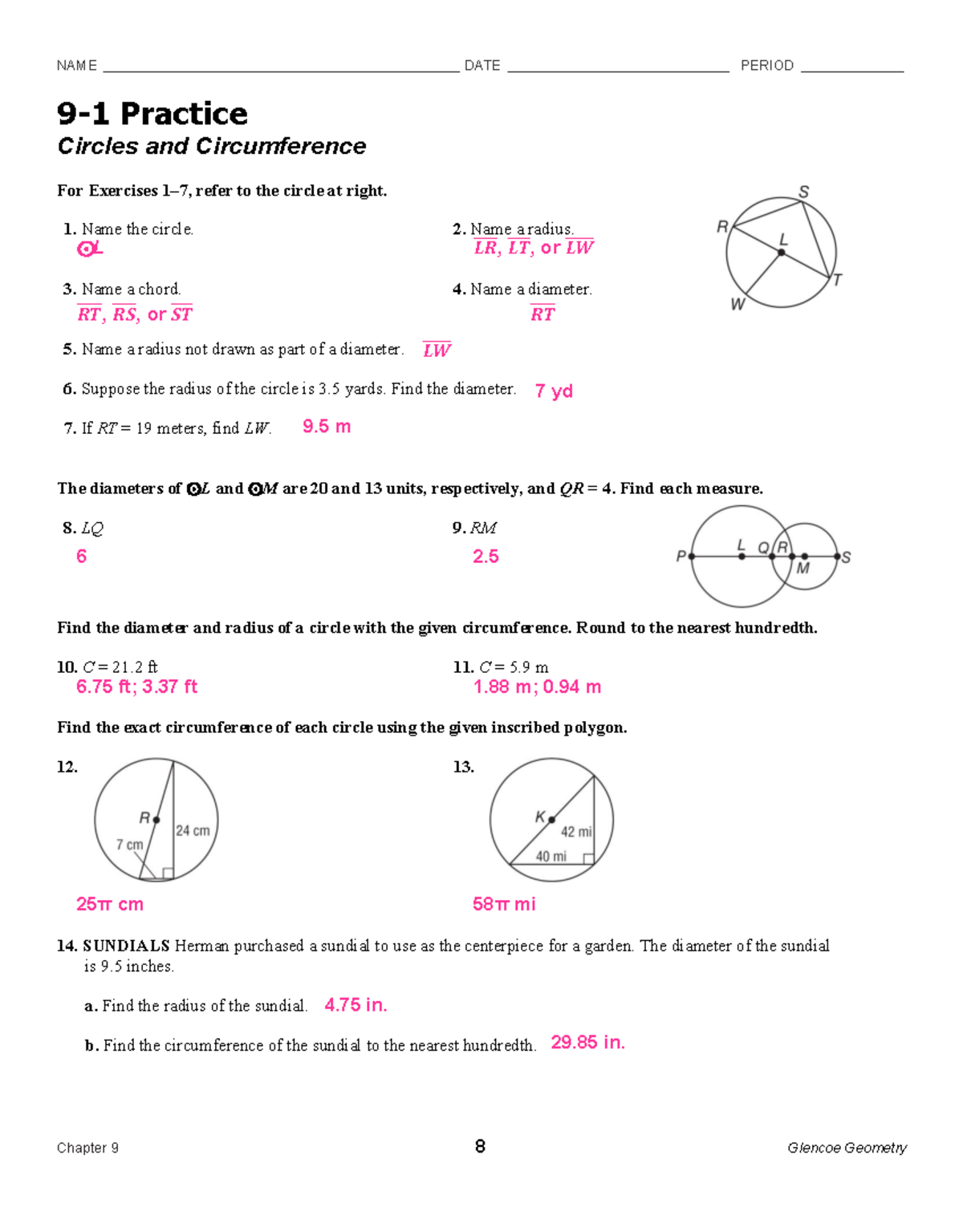 9.1 - 9.4 Practice KEY - 9-1 Practice Circles and Circumference For ...