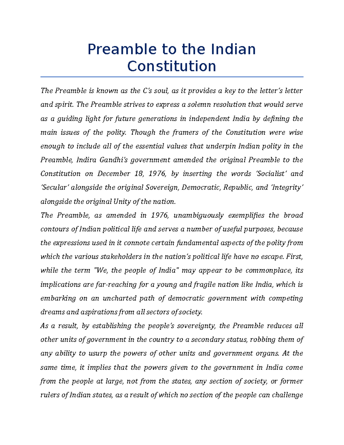 Preamble To The Indian Constitution - Preamble To The Indian ...