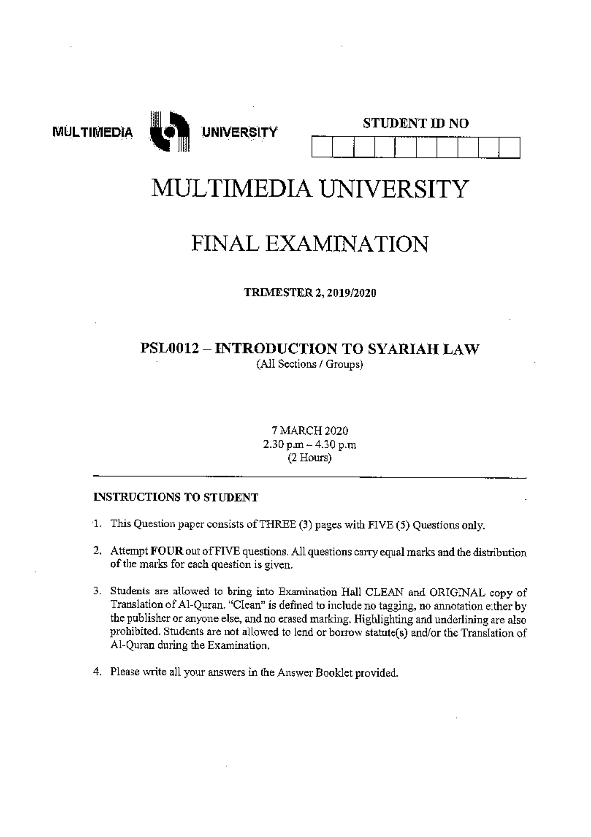 Past Year Paper- Introduction To Syariah Law - MMU - Studocu