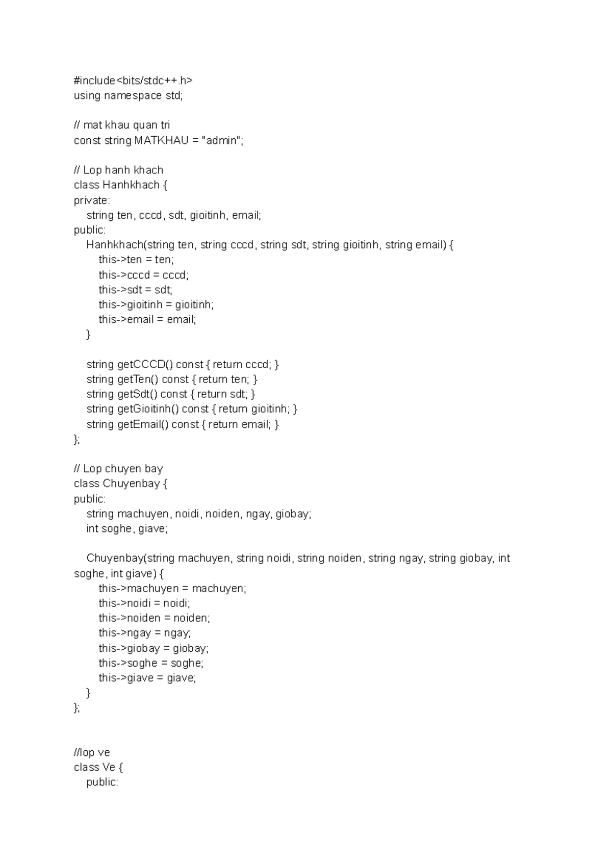 lập trình c++ về vé máy bay - #include using namespace std; // mat khau ...