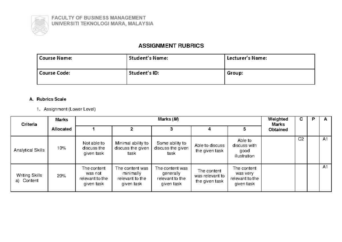 Individual Assignment Rubrics - ASSIGNMENT RUBRICS Course Name: Student ...