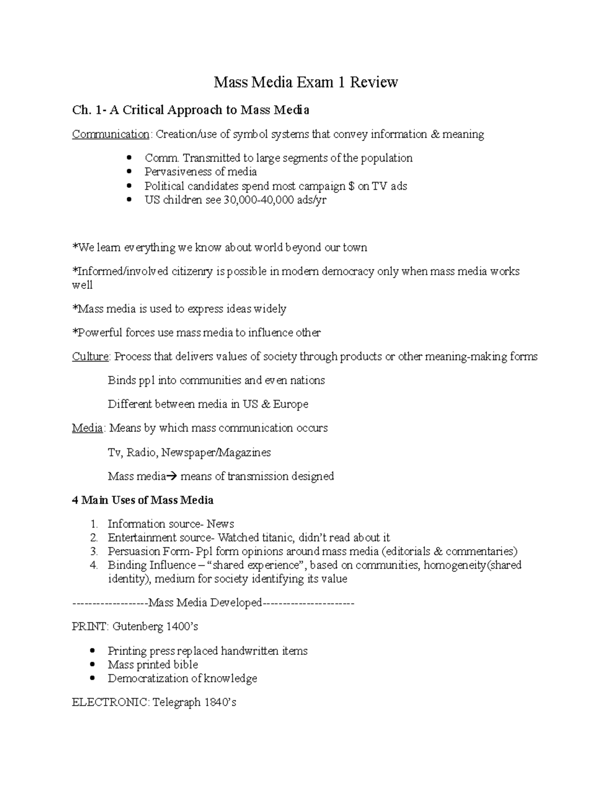 Summary - Study Guide For Exam 1 - Mass Media Exam 1 Review Ch. A ...