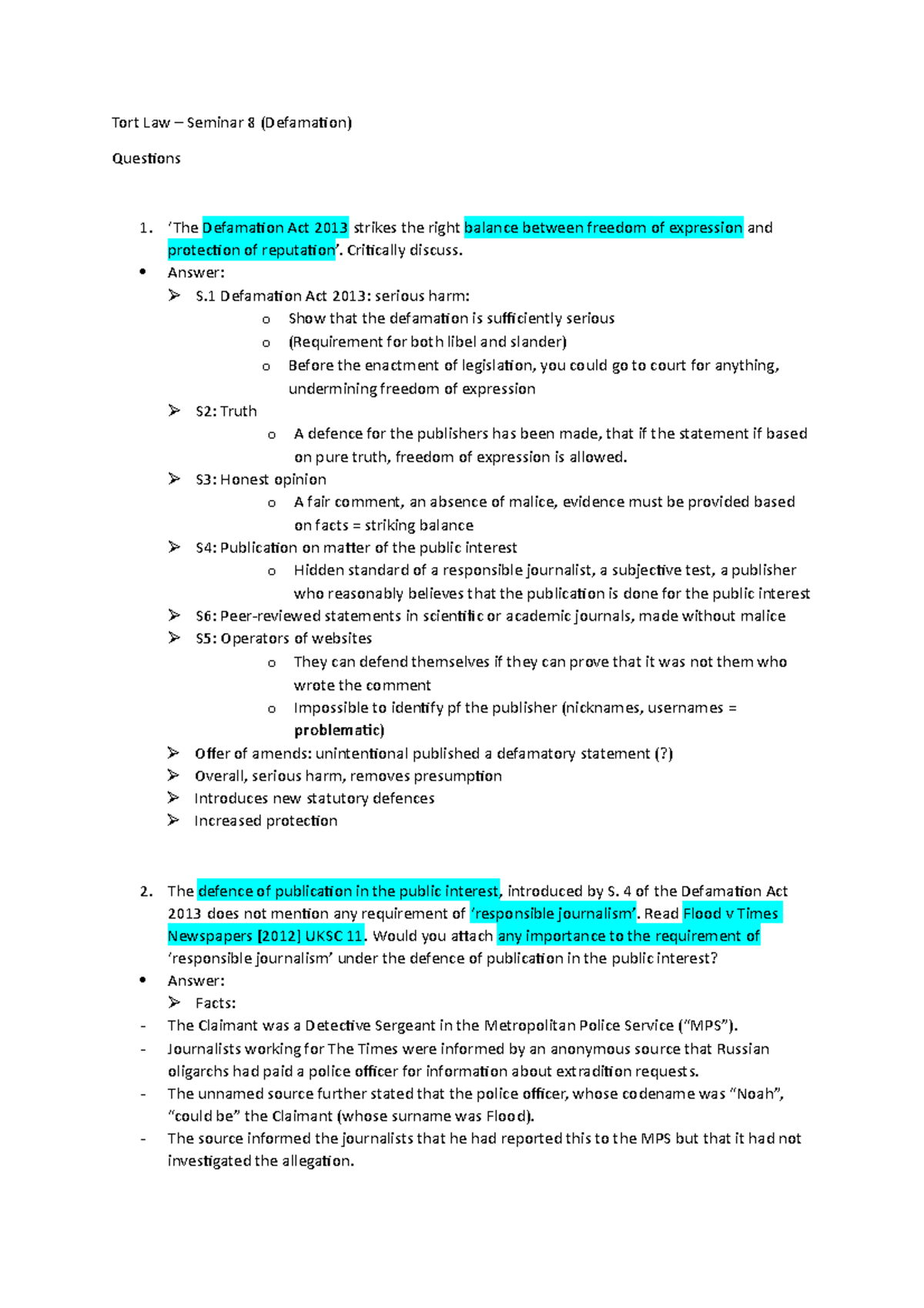 Tort Law - Seminar 8 - Answering the Defamation Act issues - Tort Law ...