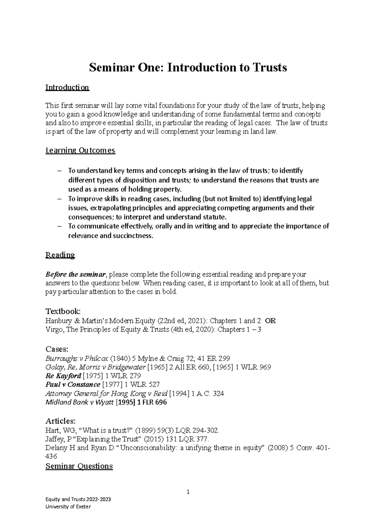 Seminar 1 - Introduction 22-23 - Seminar One: Introduction to Trusts ...