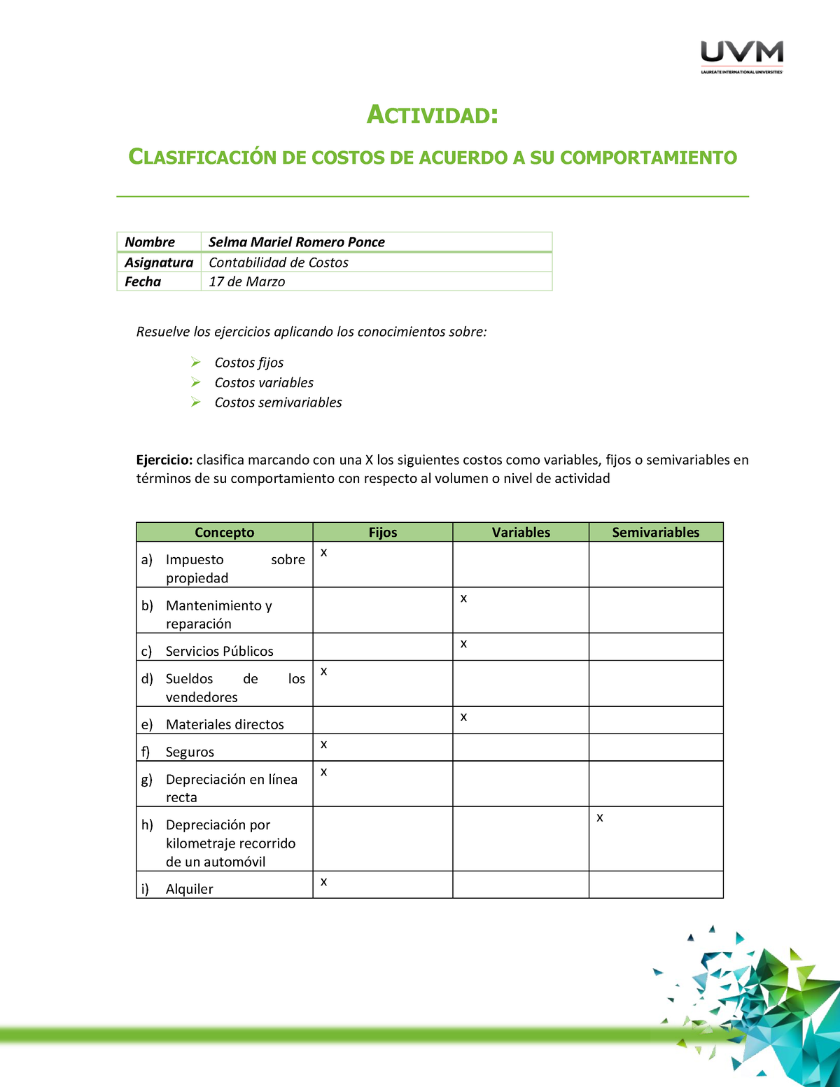 Matriz De Clasificación (b) - ACTIVIDAD: CLASIFICACIÓN DE COSTOS DE ...