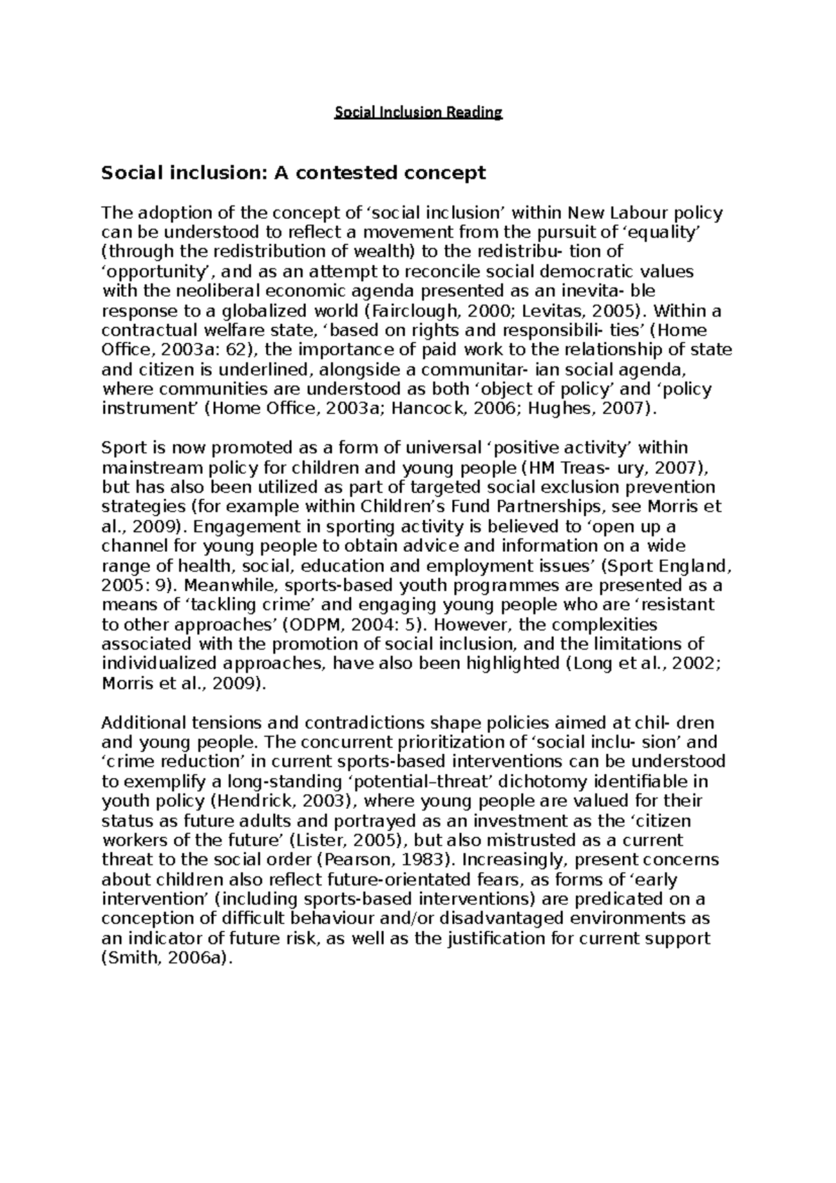 Social Inclusion Reading Social Inclusion Reading Social inclusion A