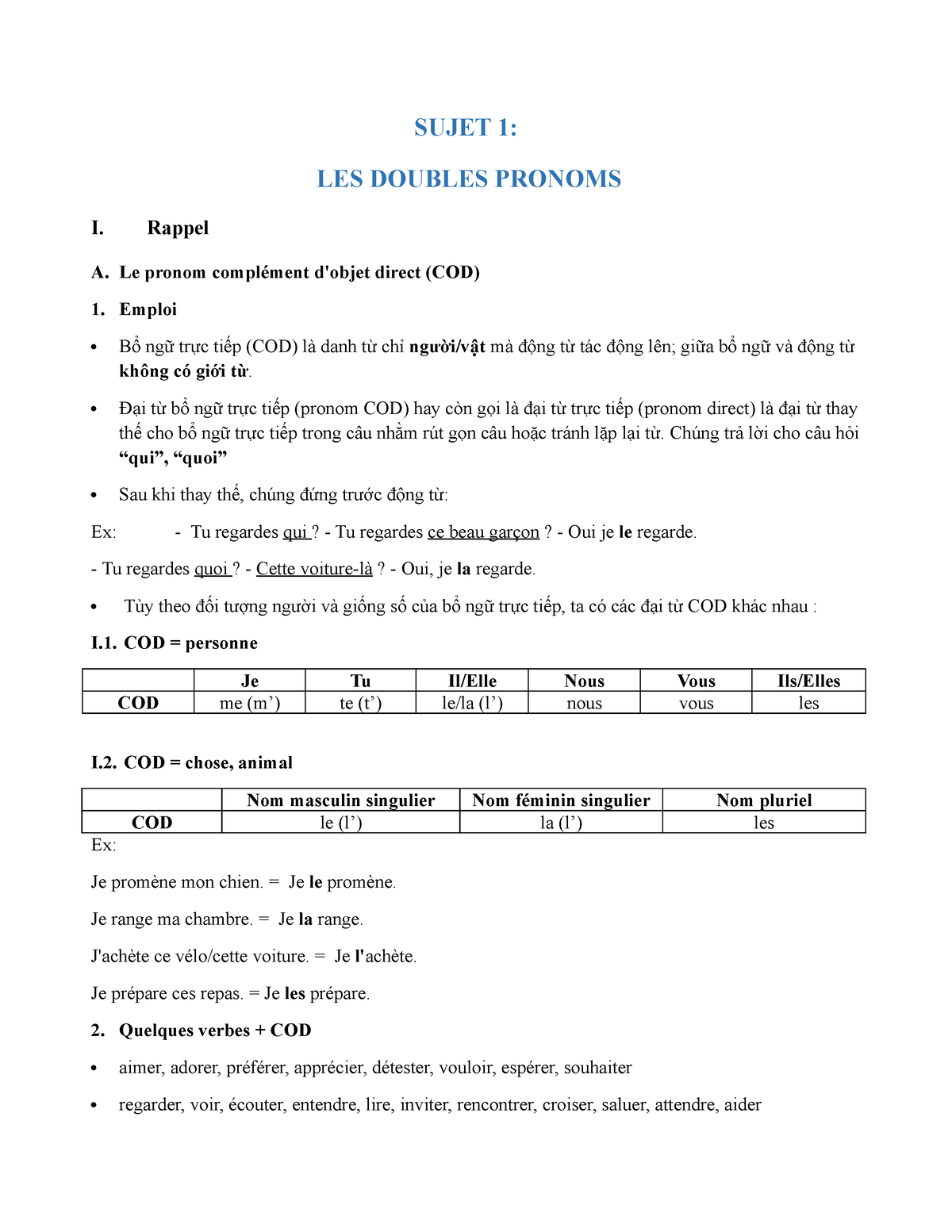 Sujet 1 Les Doubles Pronoms - SUJET 1: LES DOUBLES PRONOMS I. Rappel A ...