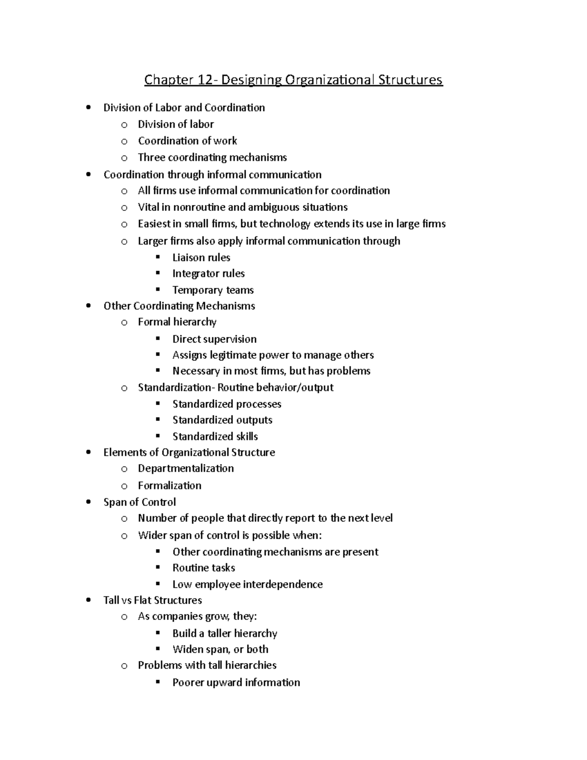 Chapter 12 Notes - Chapter 12- Designing Organizational Structures ...