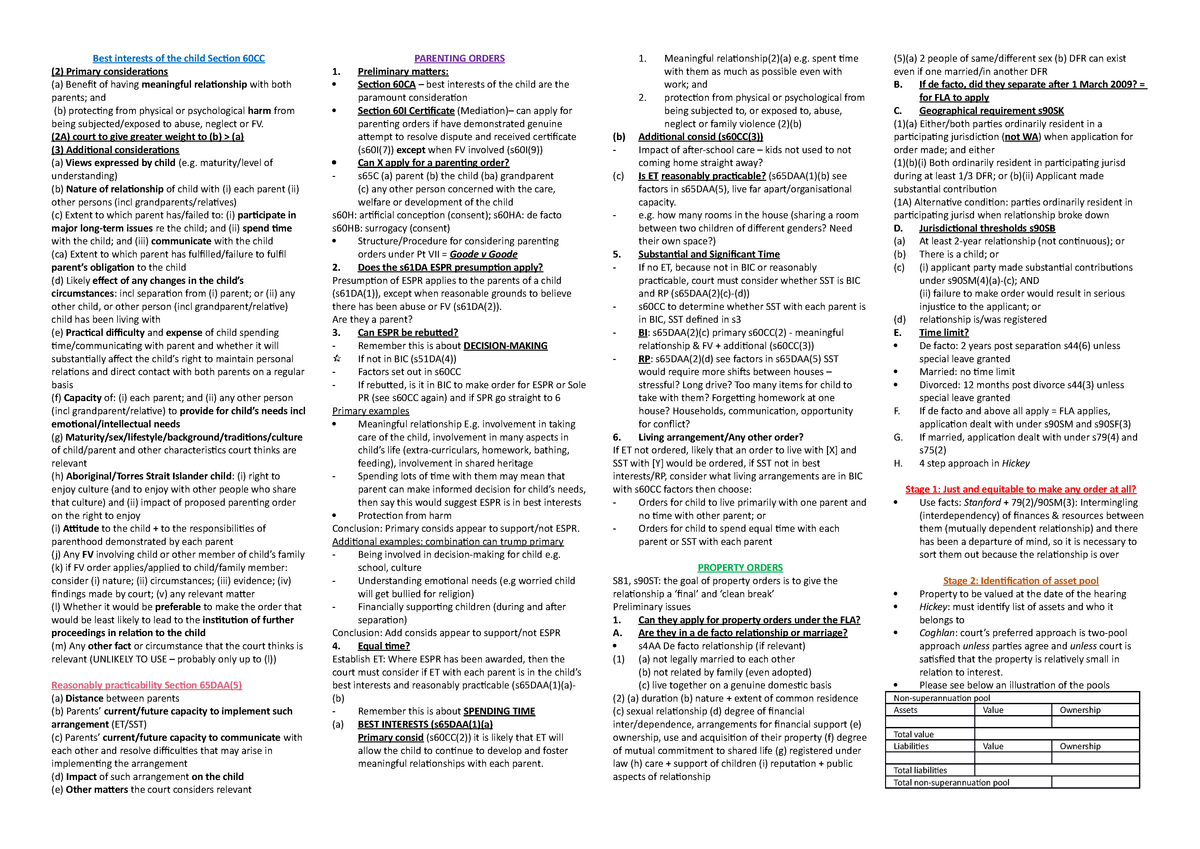 Cheat sheet fam law - Best interests of the child Section 60CC (2 ...