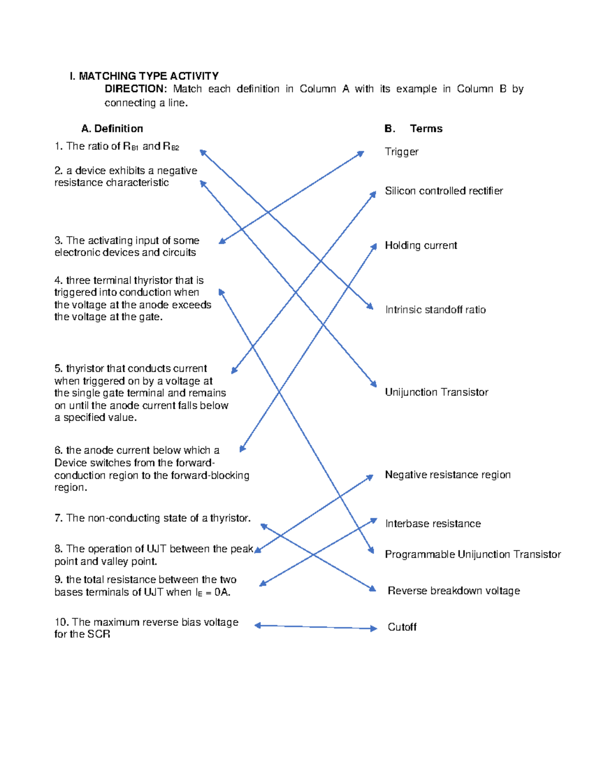 Matching type activity with answers - I. MATCHING TYPE ACTIVITY ...