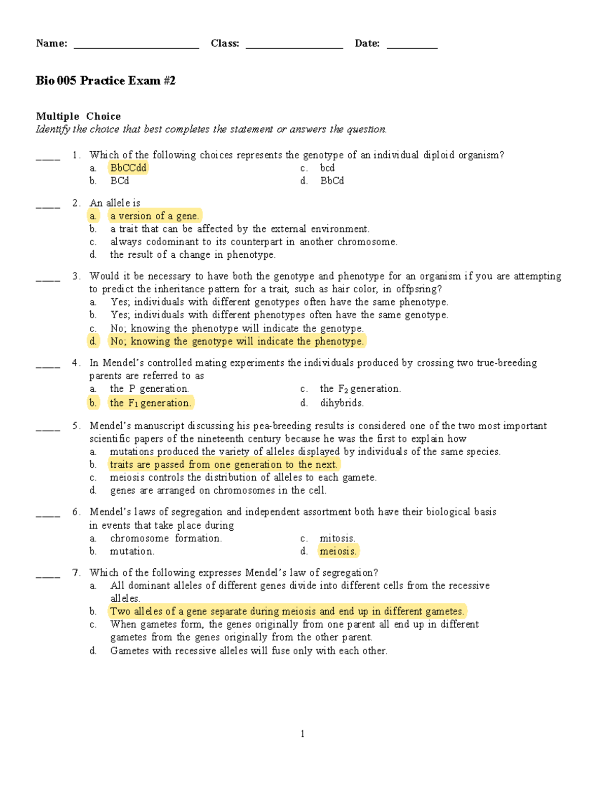 Bio 5 Practice Exam #2 - Professor Debra Conte - Name ...