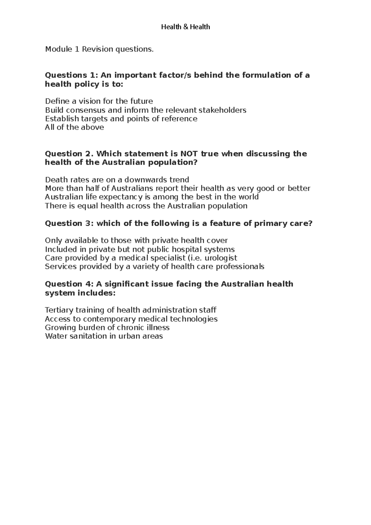 Module 1 Revision questions - Health & Health - Health & Health Module ...