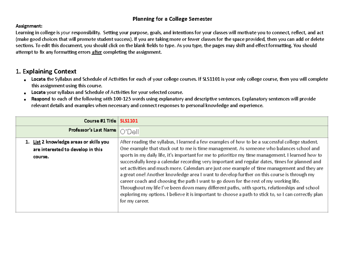 Module 1Assignment - Planning for a College Semester Assignment ...