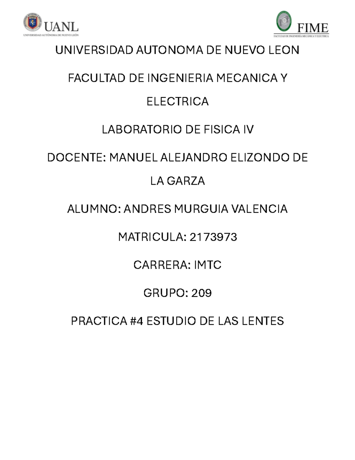 LAB Fisica 4 practica 4 - UNIVERSIDAD AUTONOMA DE NUEVO LEON FACULTAD ...