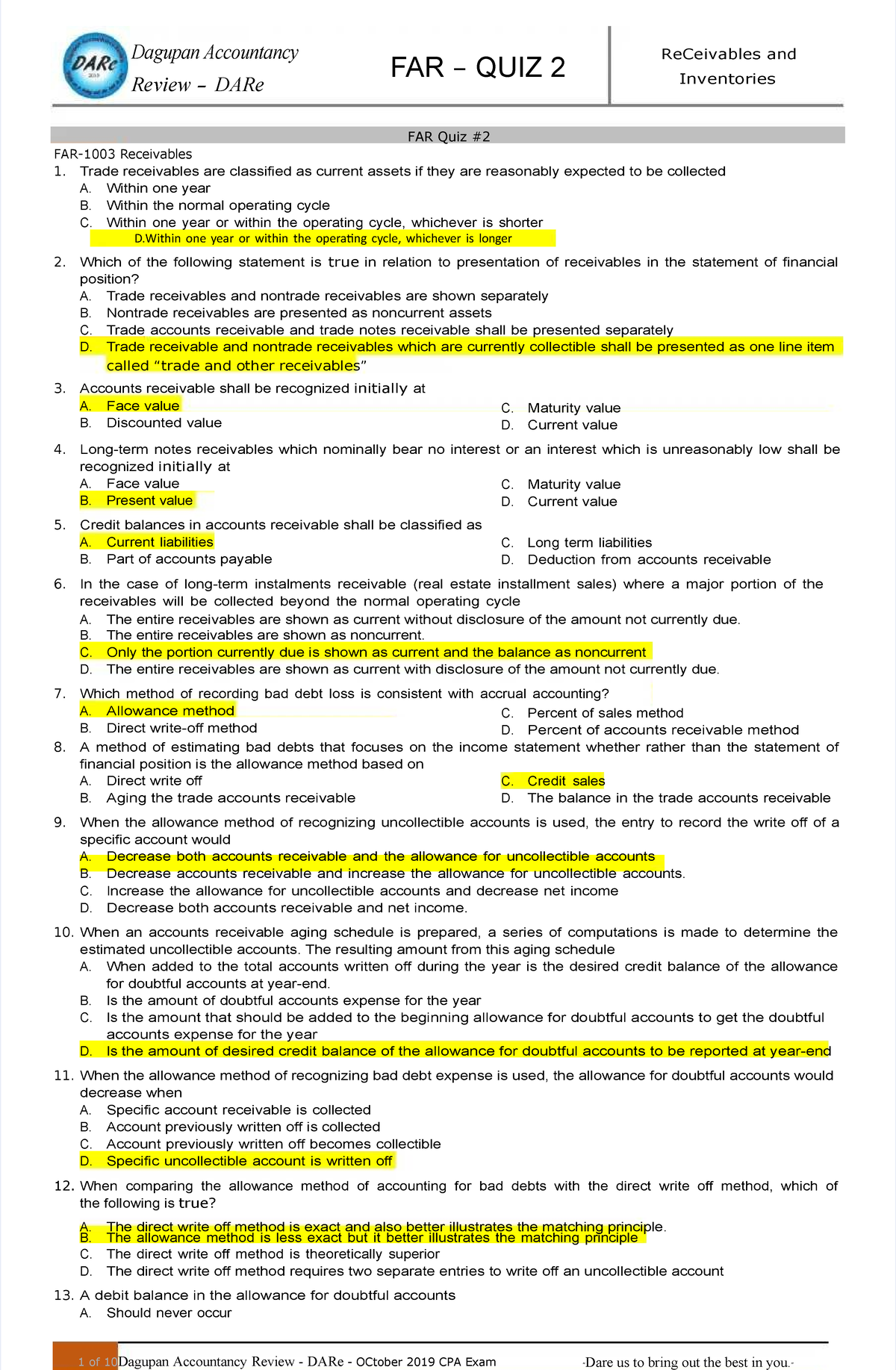 Pdf far quiz 2 receivables and inventories with answers D one year or