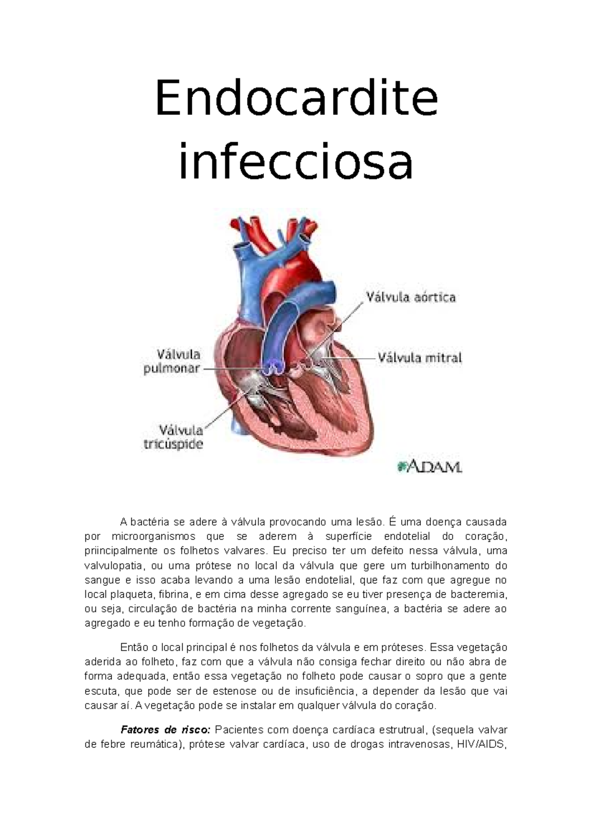 Resumo DE Endocardite Infecciosa - Endocardite infecciosa A bactéria se ...