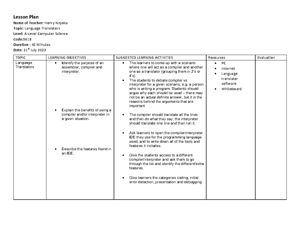 Lesson Plan Language translators - Lesson Plan Name of Teacher: Henry ...